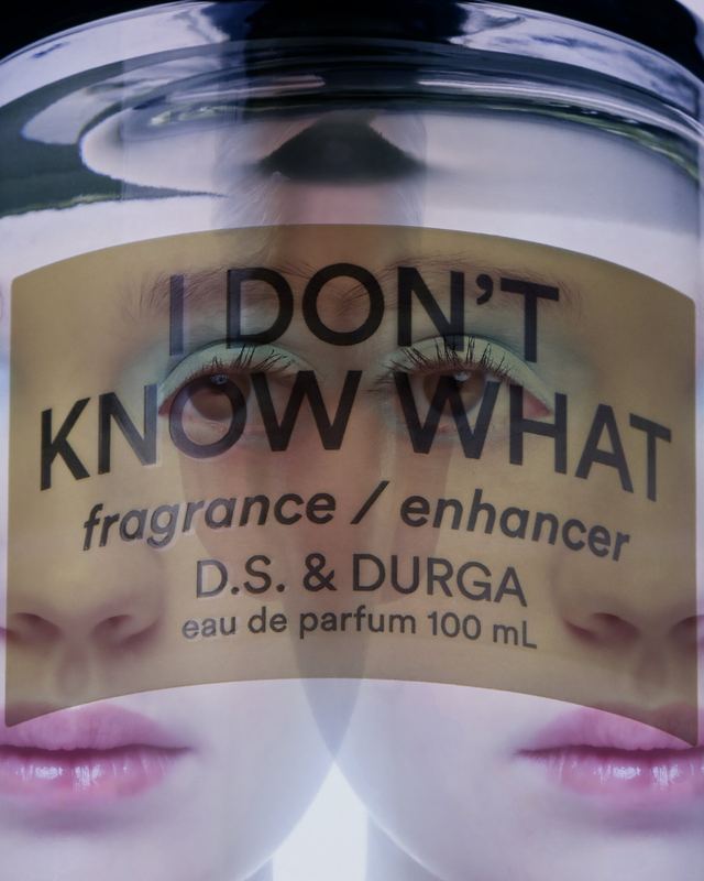 The label magnified over a face, D.S. & Durga by David Spector